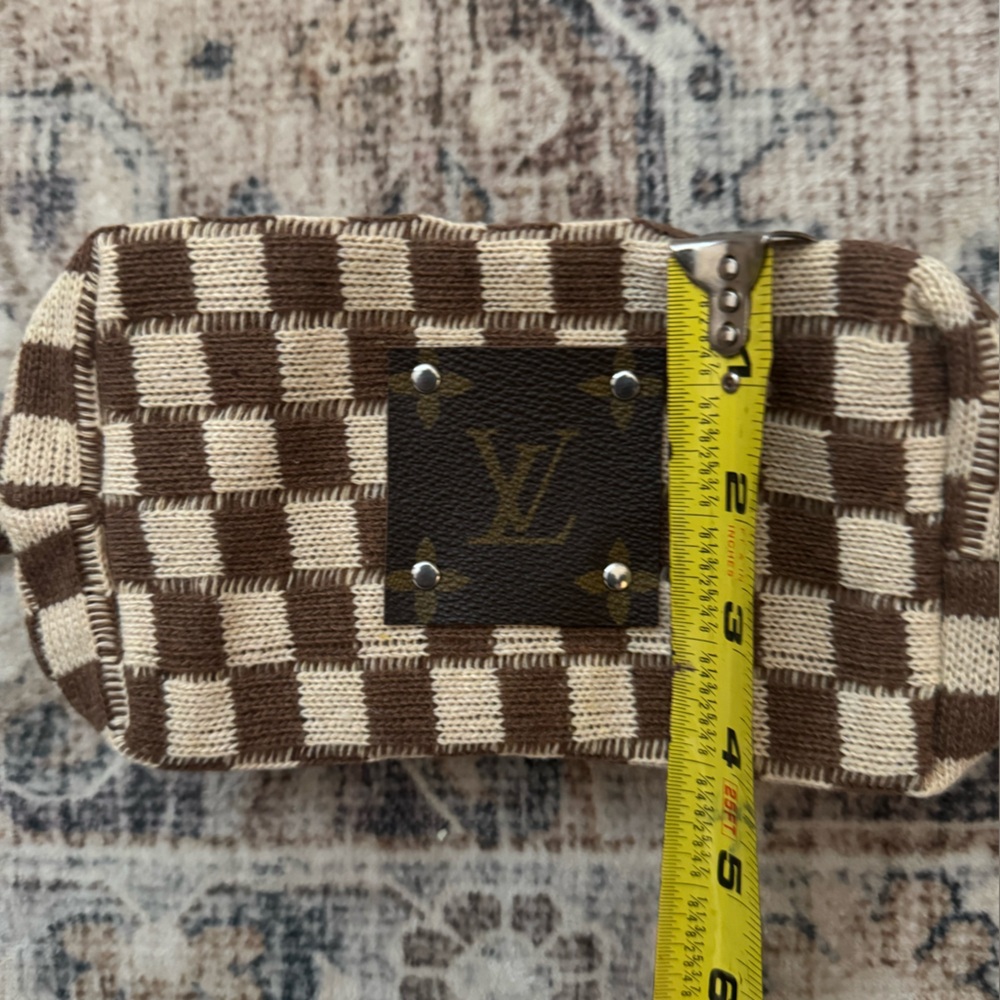 Brown & Cream Checkered Cosmetic Pouch with Monogram Patch